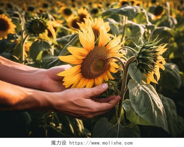 农民的双手拿着成熟向日葵向日葵花朵清新美好希望鲜花花束